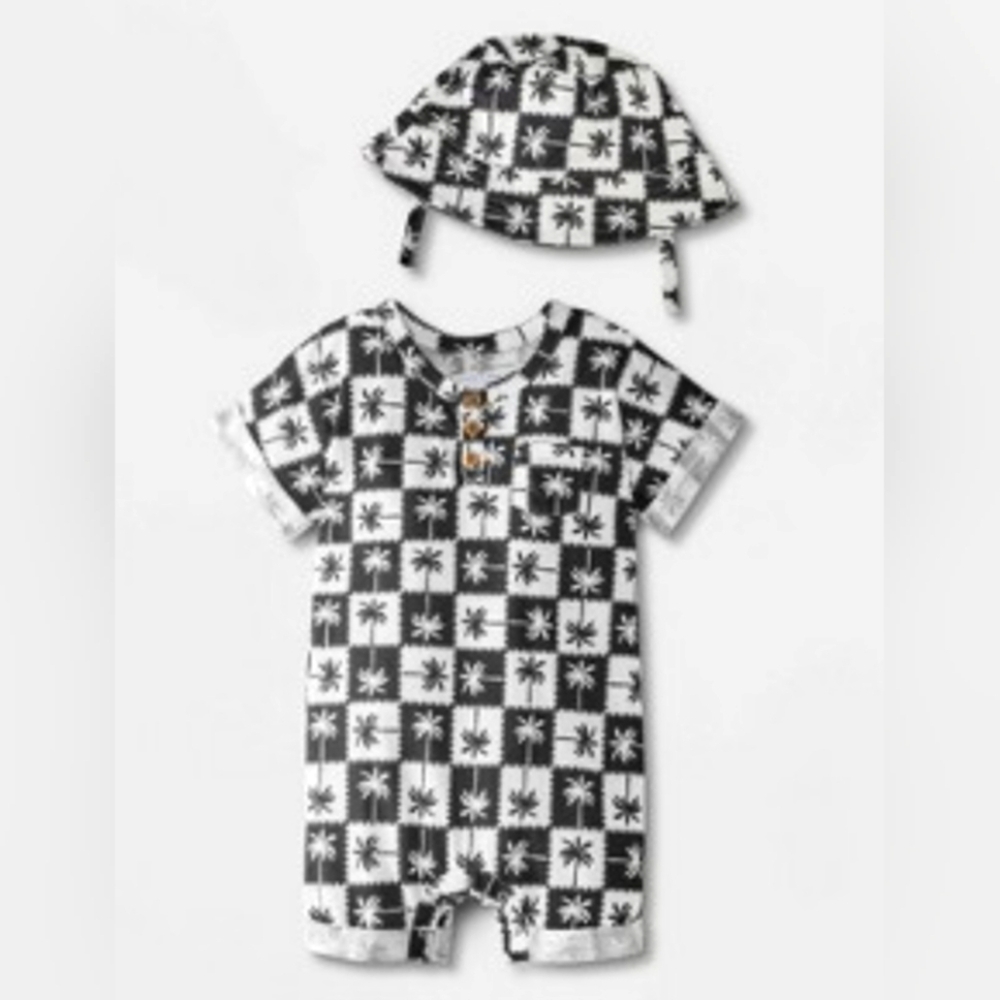 Black and White Palm Tree Romper with Hat